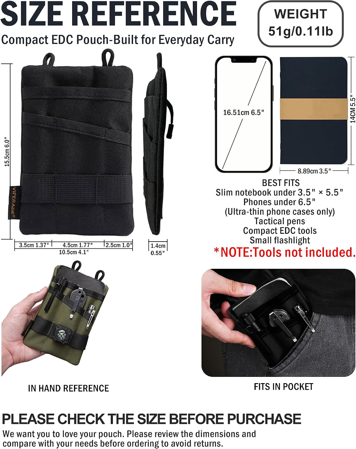 VIPERADE VE1-P Pocket Organizer, EDC Pocket Organizer Men, EDC Organizer Pouch Tool Pouch with 5 Tool Storage EDC Pouch for Flashlight, Pocket Knife, Tactical Pen, EDC Gear (Blue)