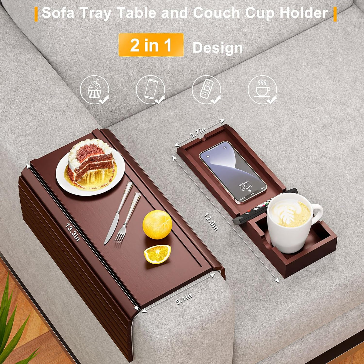 Bestjing Bamboo Couch Armrest Table with Cup Holder Tray (Walnut)