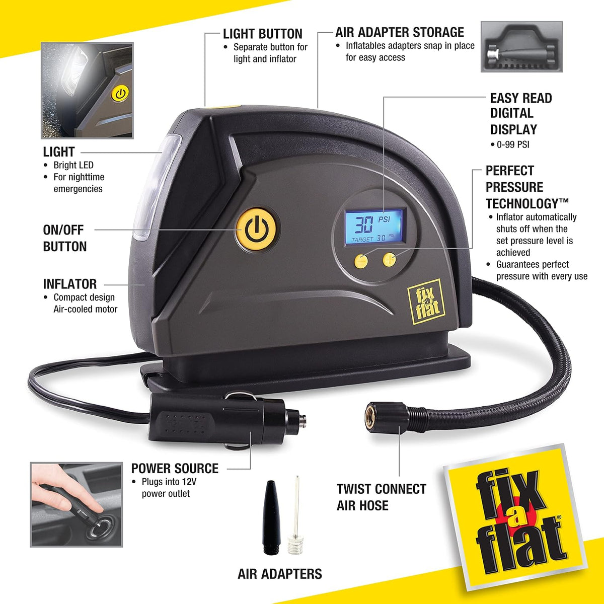 Fix-a-Flat S40074 Tire Inflator, Portable Car Air Compressor, Inflate Right automatic shut off, with Digital 99 psi Display, Long Hose and LED Light, 12V, 6 min inflation