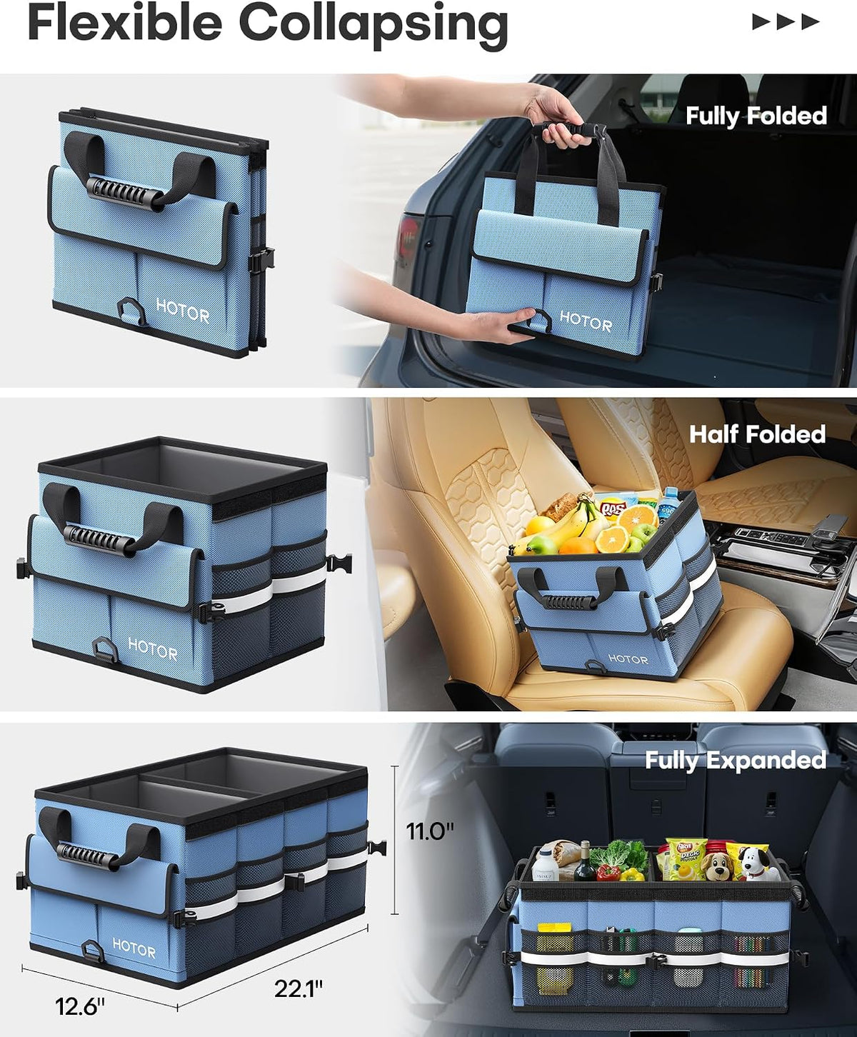 HOTOR Car Trunk Organizer - Foldable Car Storage for SUV, 2 Compartments