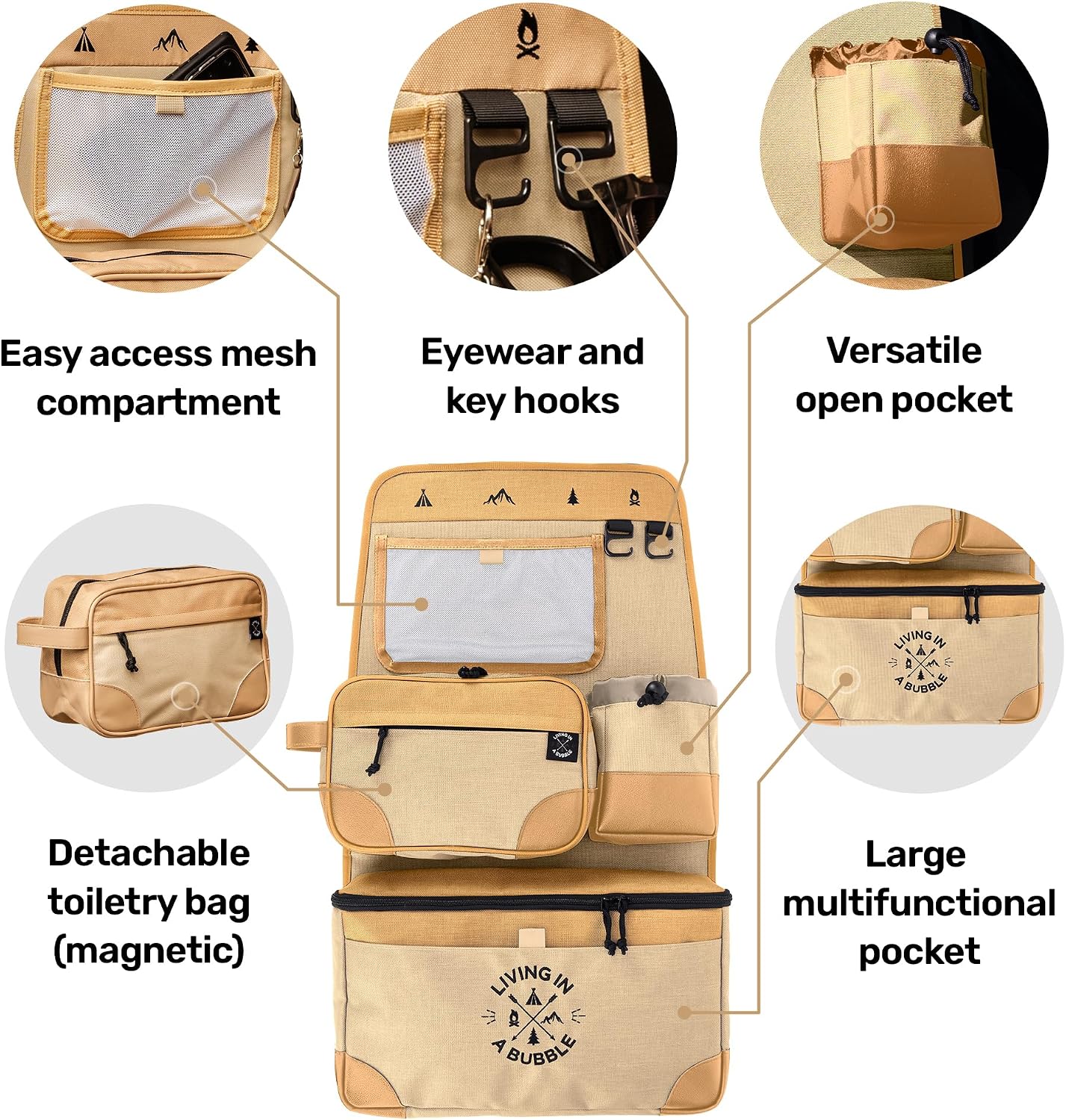 Living in a Bubble Seat back Organizer – Magnetic Toiletry and Cooler Pouch, Cordura Car Backseat Storage with Device Holder & Hooks, Multi-Compartment Utility Bag for Campervans & Family Travel