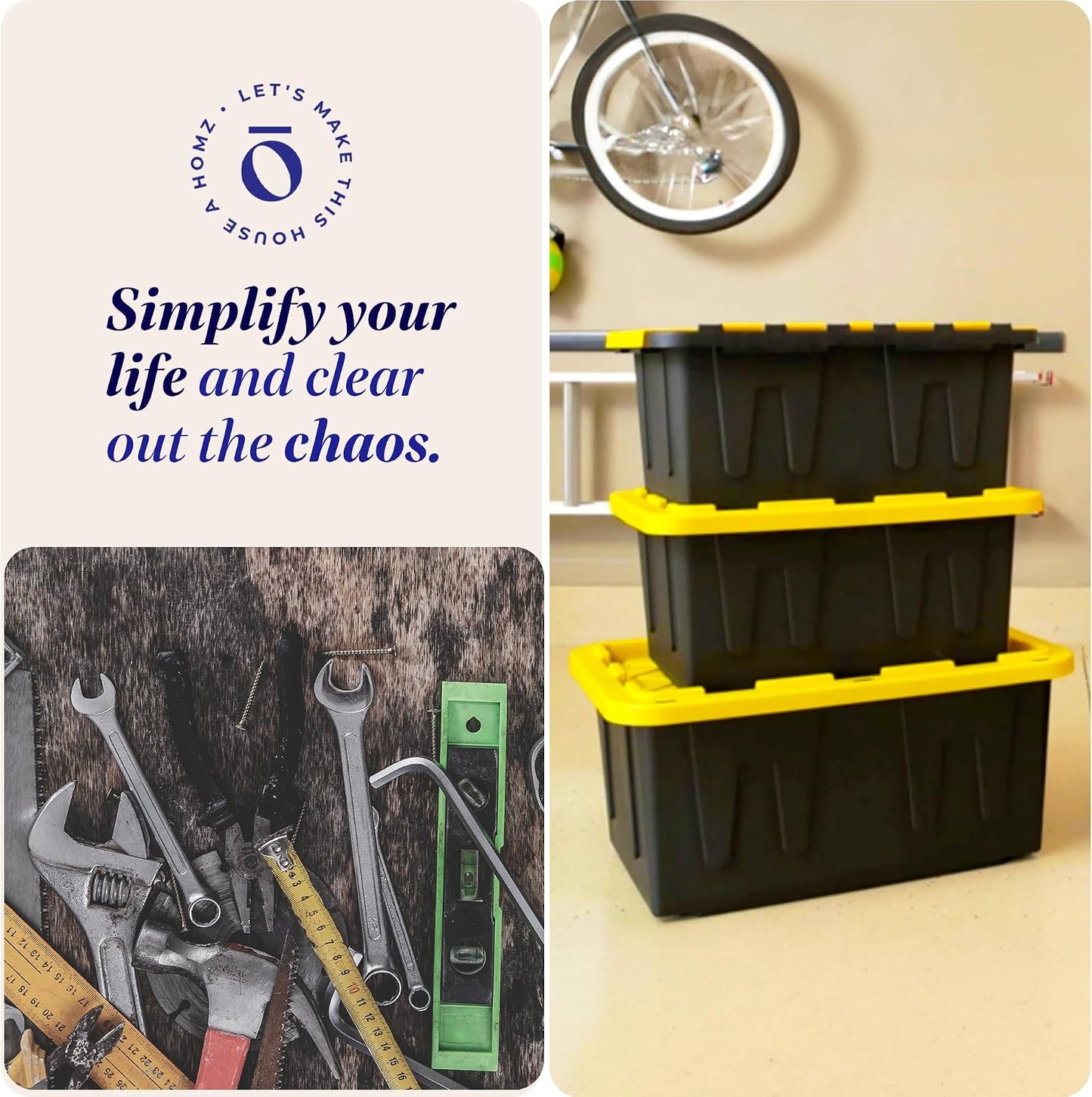 HOMZ 2-Pack Durabilt, Heavy Duty Plastic Storage Bins with Lids, 27 Gallon, Black/Yellow - Stackable Container Boxes for Home, Attic, and Garage Organization