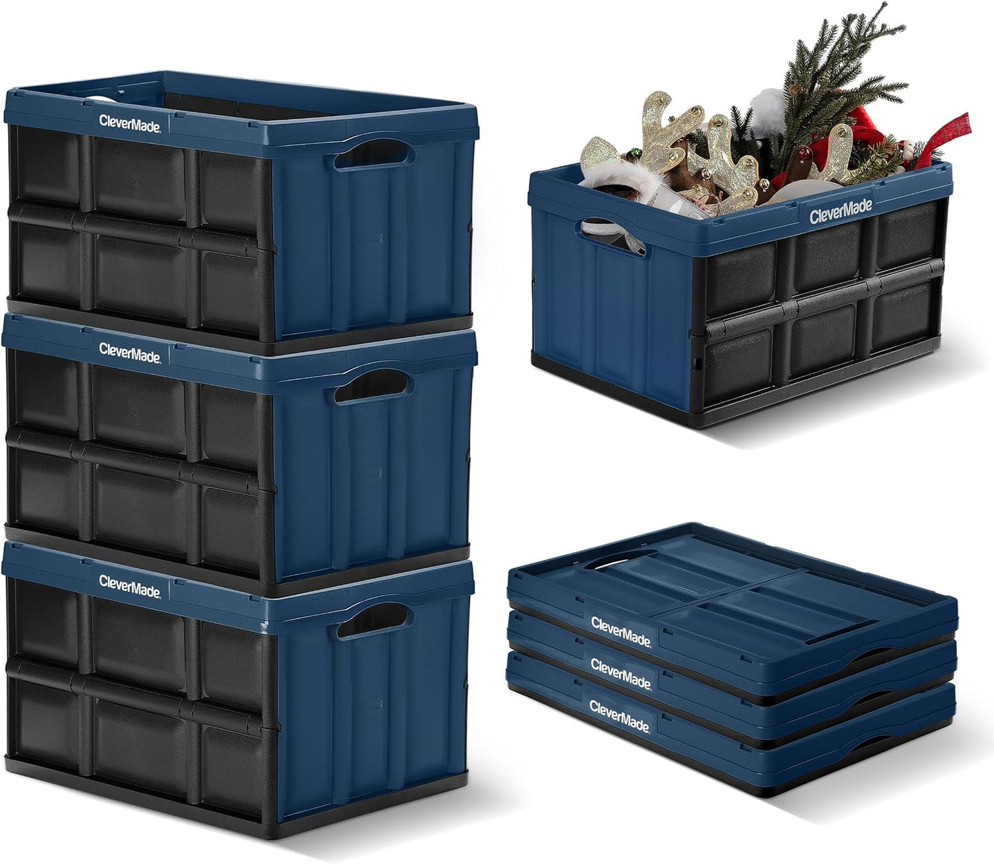 CleverMade Collapsible Storage Bins 46L (3-Pack) – Heavy Duty Collapsible Plastic Storage Bins, Stackable Folding Storage Bins for Car, Garage, Home Organization - Foldable Bins, Ocean
