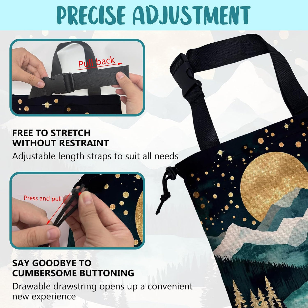 Car Trash Bag Golden Moon Snowy Mountains Hanging Drawstring Car Organizer and Storage Bag with Adjustable Buckle Canvas Garbage Bin for Back Seat or Hanging Headrest Car Decor
