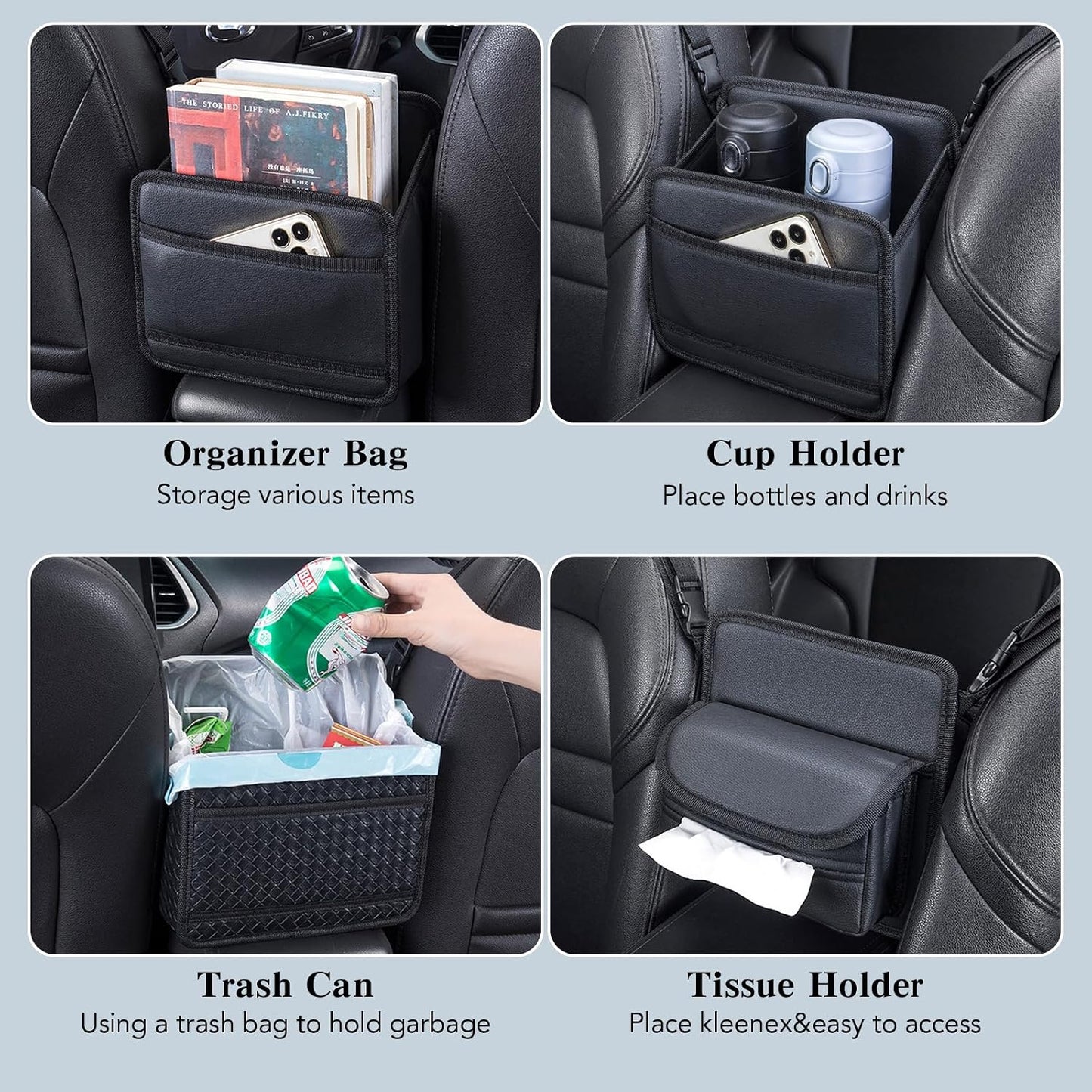 Car Storage Organizer Between Seats with Tissue Holder | Textured Leather Car Purse Holder Snack Holder | Auto Seat Back Handbag Organizer for Driving, Travel