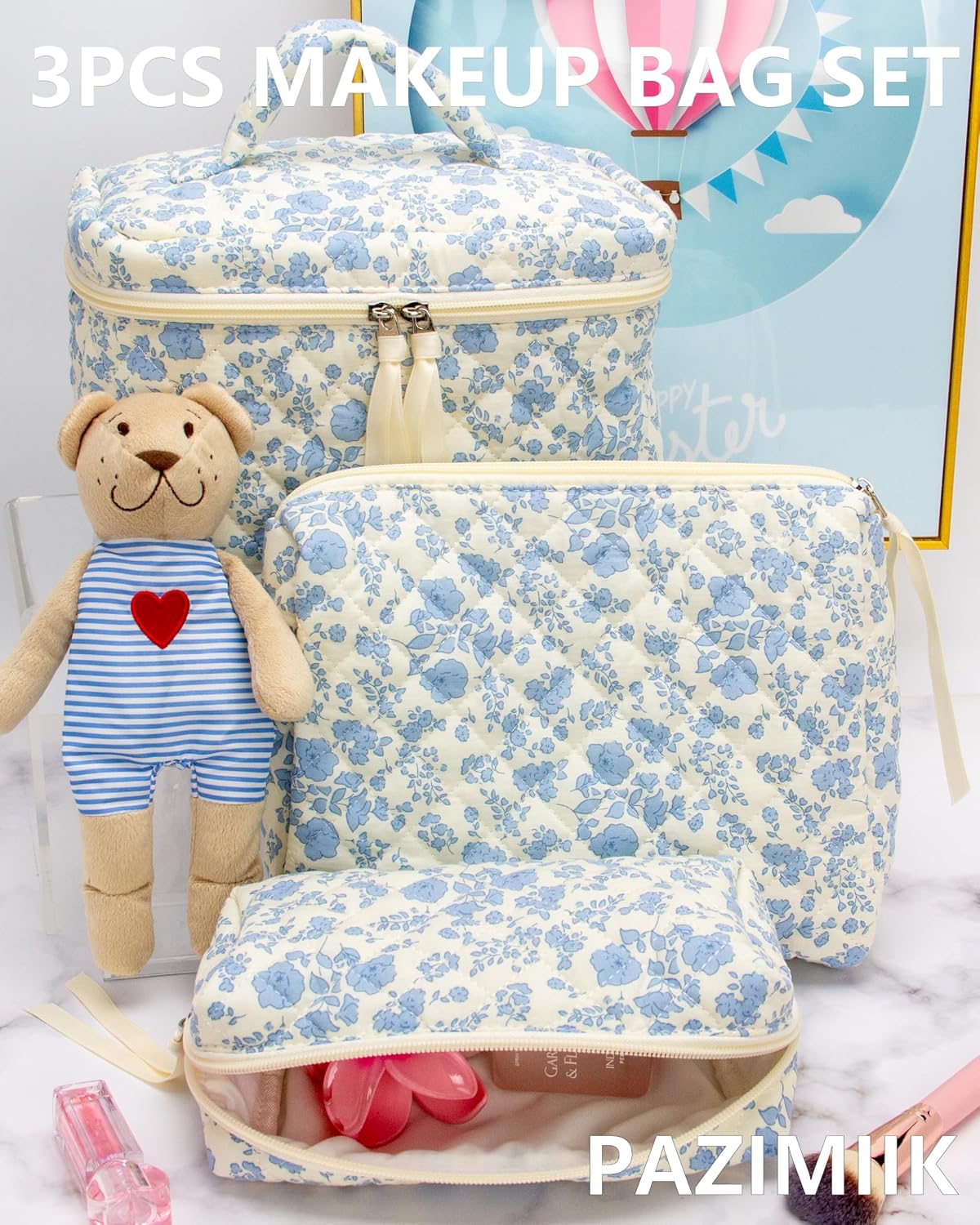 3 Piece Quilted Makeup Bag Set for Women,Cosmetic&Toiletry Bag,Flower Blue