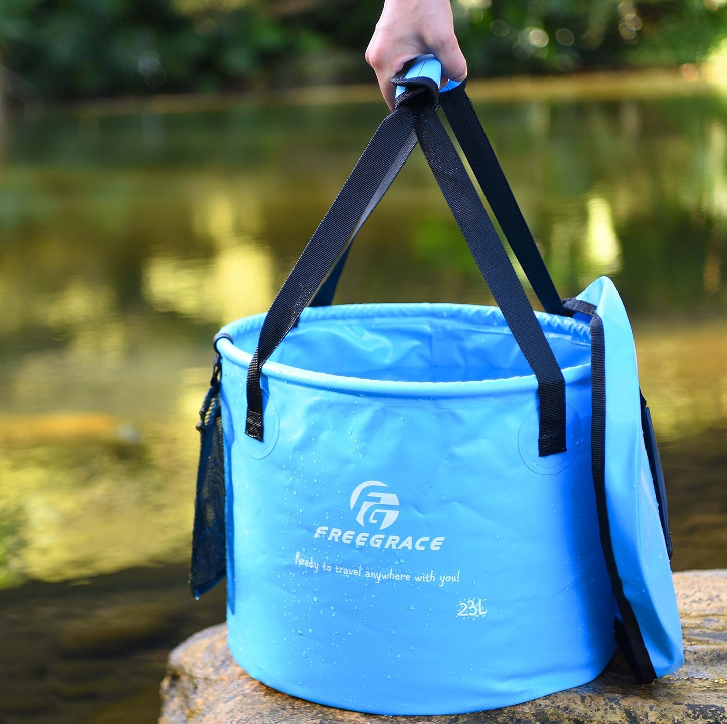 Freegrace Collapsible Bucket with Mesh Tool Pocket - 10L, 16L &amp; 23L Portable Folding Water Container - Heavy Duty 500D Tarpaulin, BPA-Free Wash Basin for Camping, Fishing, RV, and Car Washing
