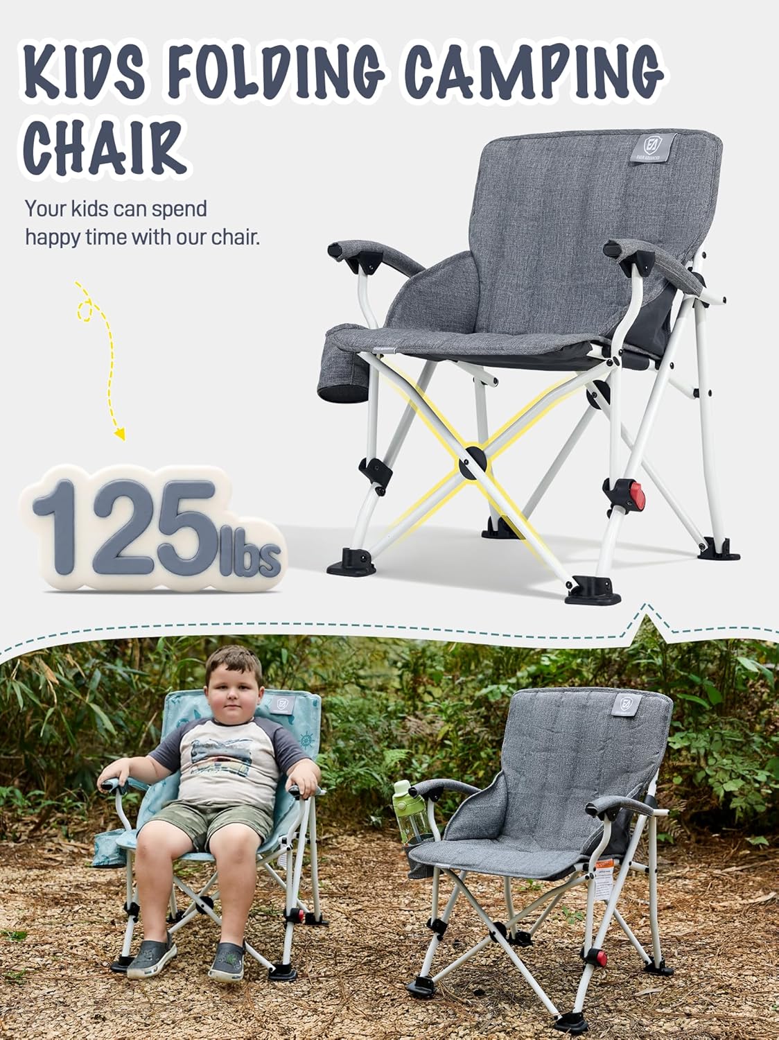 EVER ADVANCED Kids Camping Chairs with Cup Holder, Padded Folding Camping Chair Outdoor with Safety Lock, Carry Bag, Lightweight Portable Camp Chairs for Beach, Balcony, Patio, Supports 150lbs, Grey