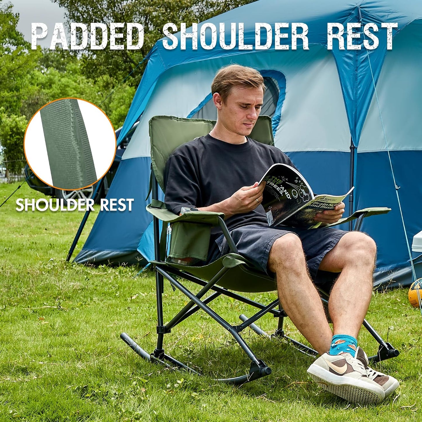 Portal Outdoor Rocking Chair Camping Folding Portable Rocker with Cup Holder Side Pocket Carry Bag, Support 350LBS (Green)