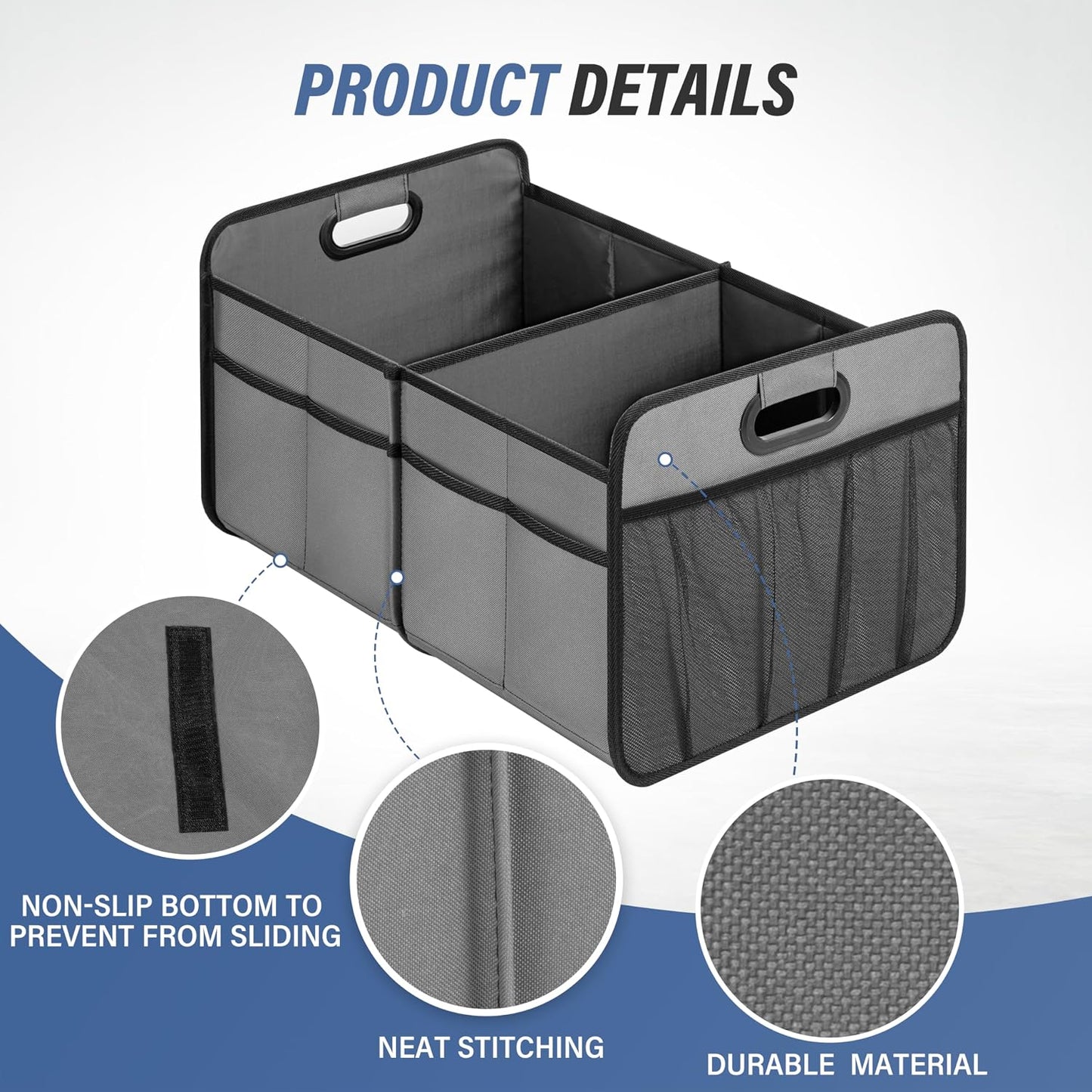 Simple Deluxe Car Trunk Organizer, 2 Compartments Collapsible Trunk Storage, Anti-slip Design, Made of Waterproof 600D Oxford Polyester, Suitable for SUV, Minivan, Truck, Standard Size, Grey