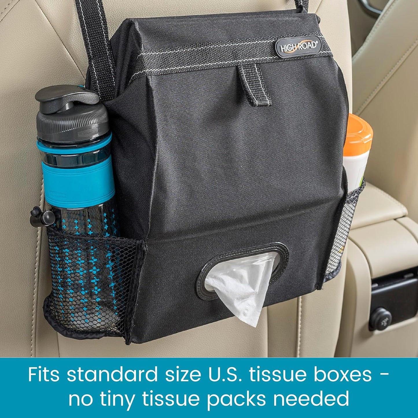 High Road Car Organizer with Car Trash Bag and Tissue Holder - Holds Full Size Tissue Box, Bottles and Wipe Containers - 2 Gal Leakproof Covered Car Trash Can with Push-Close Lid