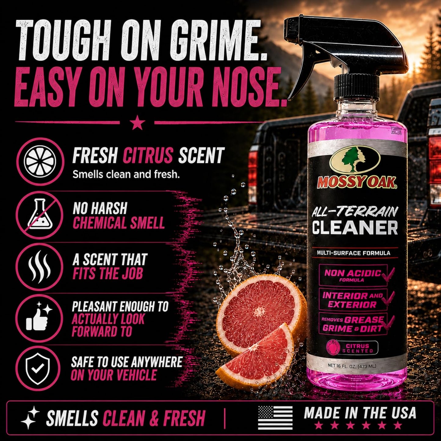 Mossy Oak All-Terrain Cleaner, All-Purpose Interior and Exterior Spray for Trucks SUVs Cars Jeeps UTVs & ATVs, Cleans Plastic Vinyl Rubber Carpet Upholstery & Hard Surfaces, Made in USA, 16 oz