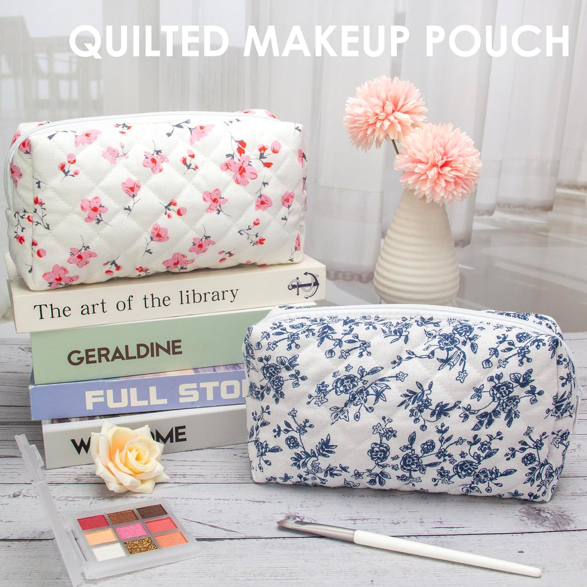 PAZIMIIK Small Quilted Makeup Bag,Zipper Cosmetic Pouch,Jouy Blue,6 Pack