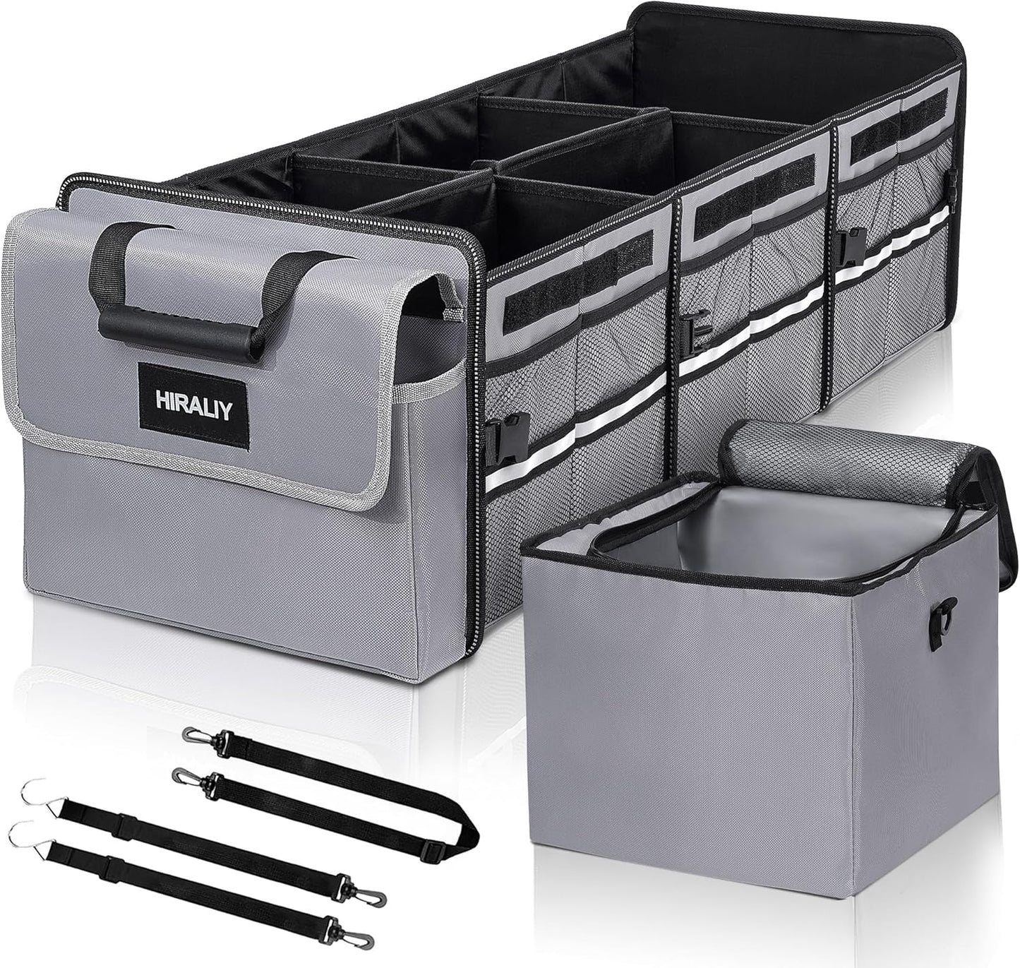 HIRALIY 4 in 1 Car Trunk Storage Organizer with Leakproof Cooler Bag, Multi-Compartment Foldable Trunk Storage Box for Car Truck SUV Gray