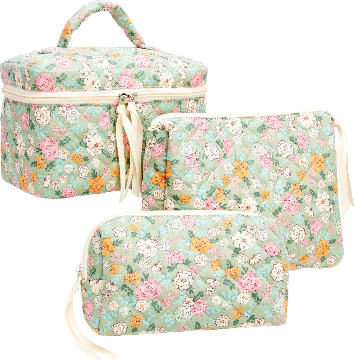 3 Piece Quilted Makeup Bag Set for Women,Cosmetic&Toiletry Bag,Green Flower