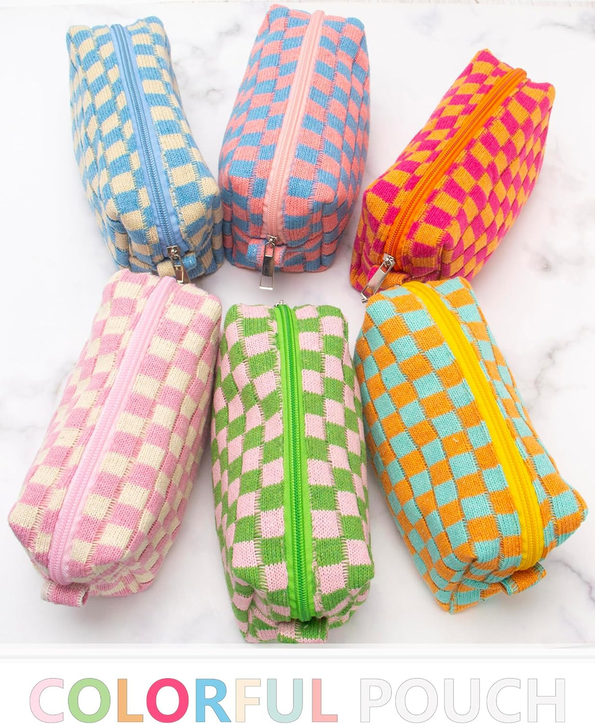 Checkered Makeup Bag for Purse, Small Cosmetic Pouch,Red Orange,6 Pack