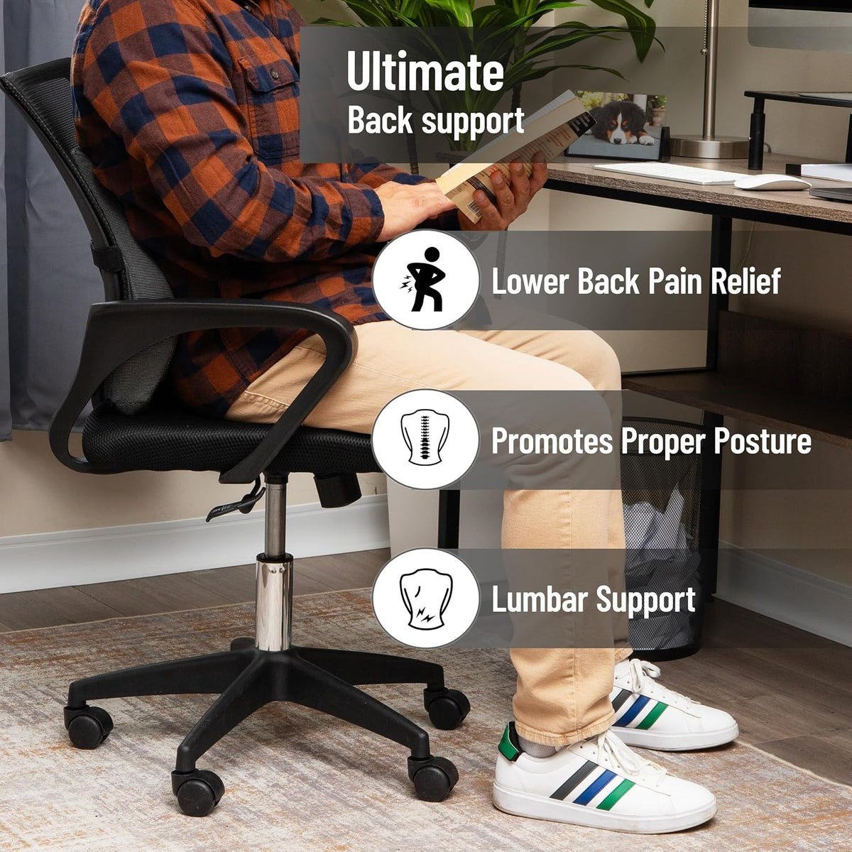 Mind Reader Lumbar Support Cushion for Office Chair and Car Seat, Memory Foam and Cooling Gel Core, Air-Cloud Technology, 15.5" L x 3.75" W x 14.25" H, Black