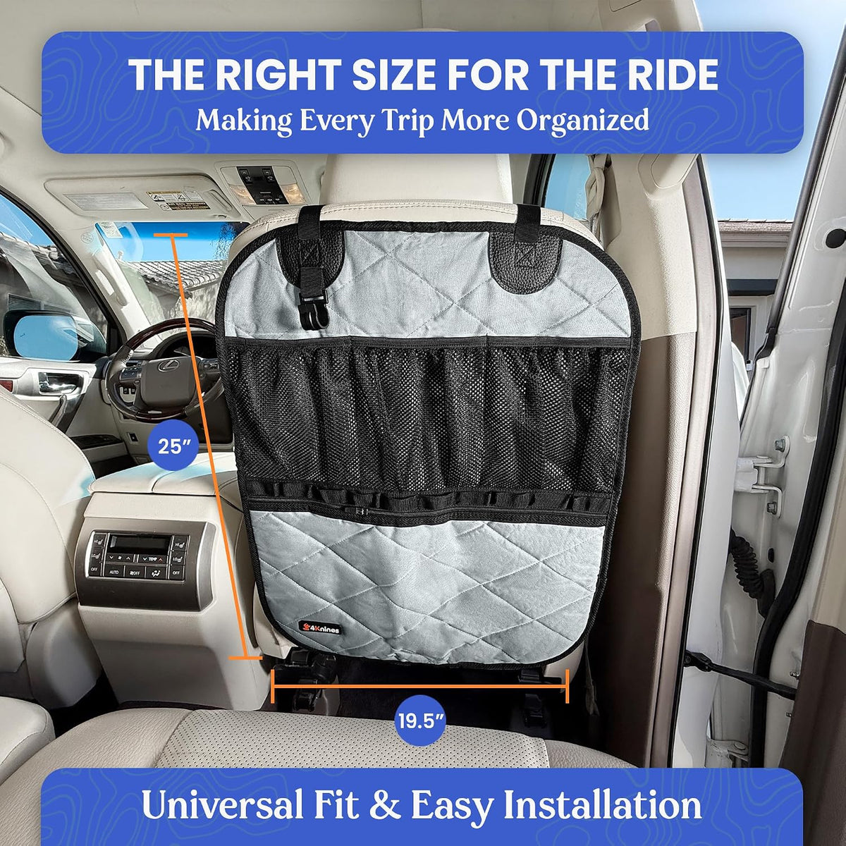 4Knines Car Seat Back Organizer – Heavy-Duty Kick Mat, Mesh Pockets, Grey