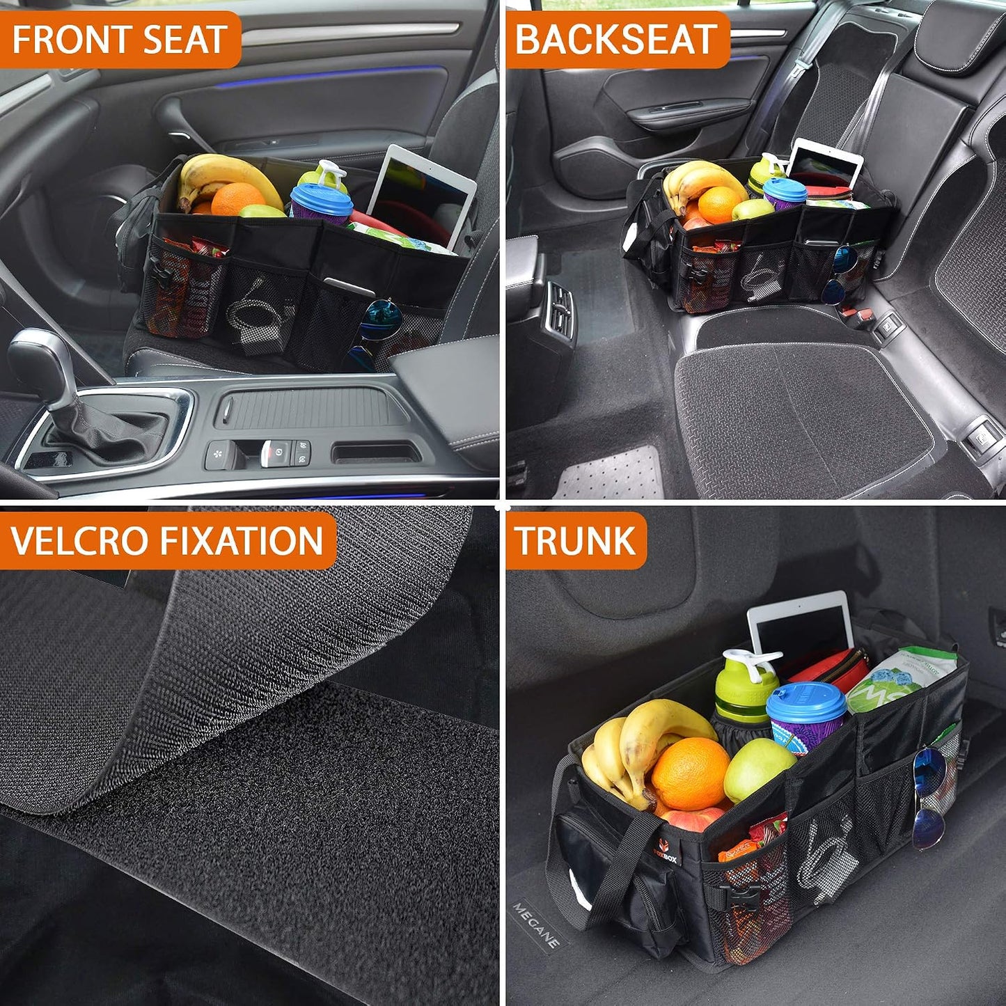FoxBox Car Seat and Trunk Organizer, SUV Front or Back Seat Storage - Passenger Floor, Under or Between Seats Organization, Car Gifts for Men and Women (Black)