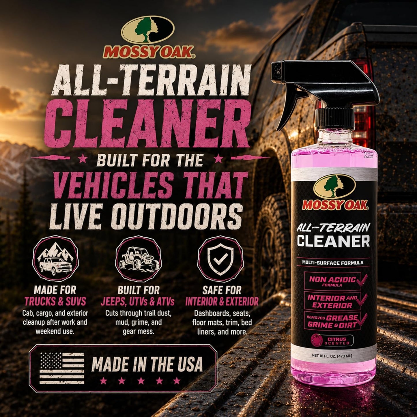 Mossy Oak All-Terrain Cleaner, All-Purpose Interior and Exterior Spray for Trucks SUVs Cars Jeeps UTVs & ATVs, Cleans Plastic Vinyl Rubber Carpet Upholstery & Hard Surfaces, Made in USA, 16 oz