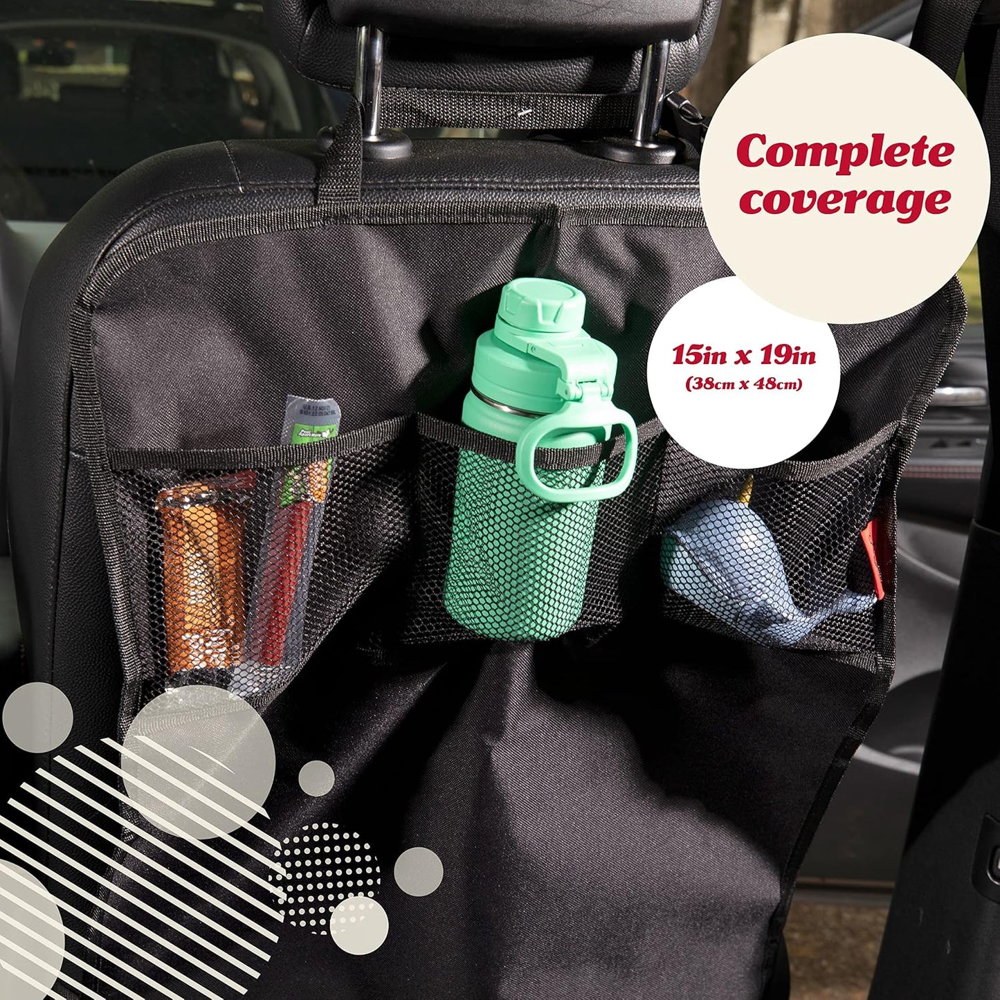 Lusso Gear Seat Back Protector - 2-Pack Kids Kick Mat & Car Seat Organizer - Waterproof Oxford Backseat Cover - 3 Mesh Pockets for Car Organization, Black