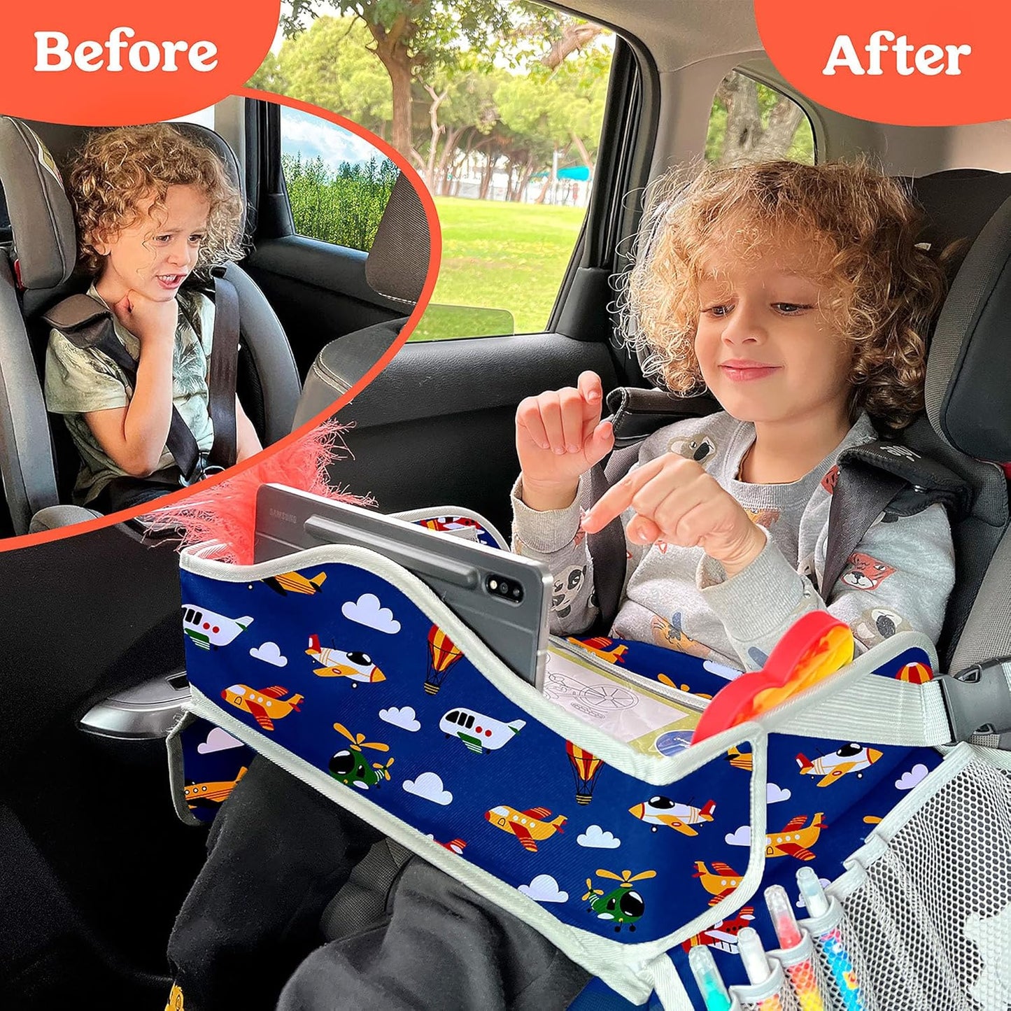 PILLANI Kids Travel Tray for Car - Toddler Airplane Travel Essentials w/ Activity Sheets, Pens & Dry Erase Board - Kids Travel - Must Have Toddler Lap Desk Organizer for Airplane - Travel Accessories