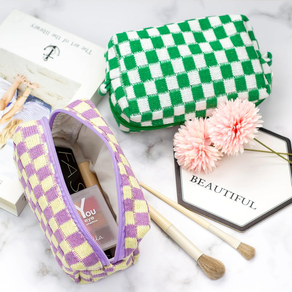 Checkered Makeup Bag for Purse, Small Travel Cosmetic Pouch,Purple,6 Pack