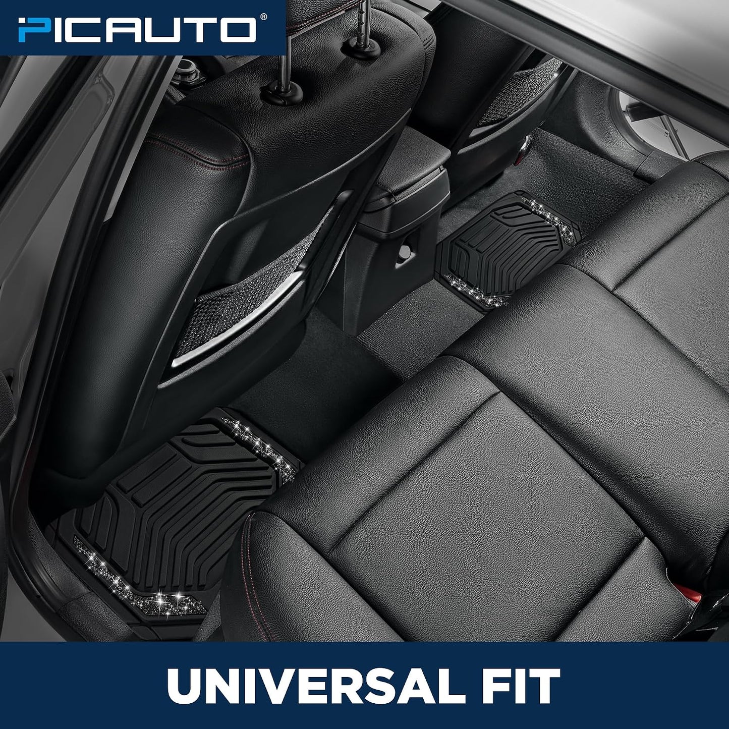 PIC AUTO Car Floor Mats, Black Sparkly Crystal Bling Glitter Car Mats Set, Front and Rear Heavy Duty Rubber Car Mats with Anti-Slip Backing, All Weather, Trim-to-Fit for Automotive SUVs, Sedan, Vans