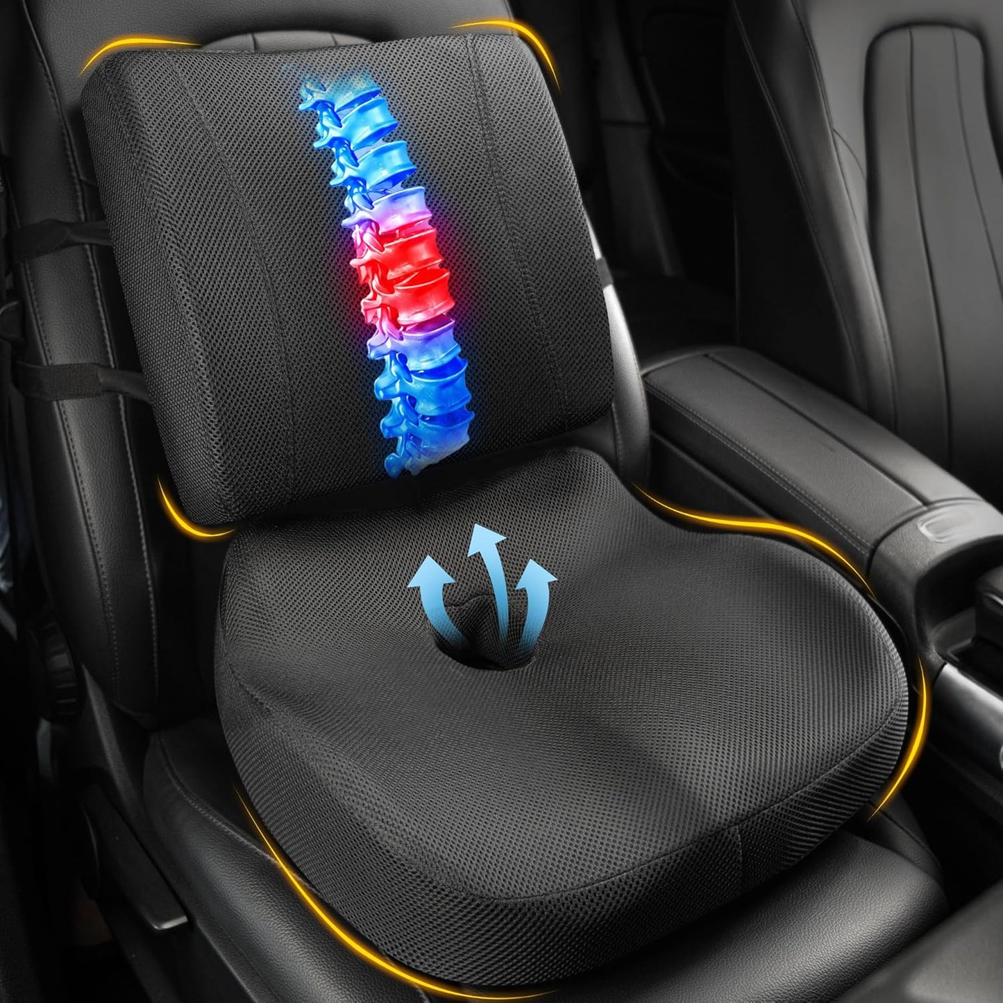 Allaboutsla Car Seat Cushion and Lumbar Back Support Pillow Set for Driving | Memory Foam Car Seat Cushions, Back Support for Car, Car Cushion for Height, Pressure Relief for Trucks, Office Chairs, Black