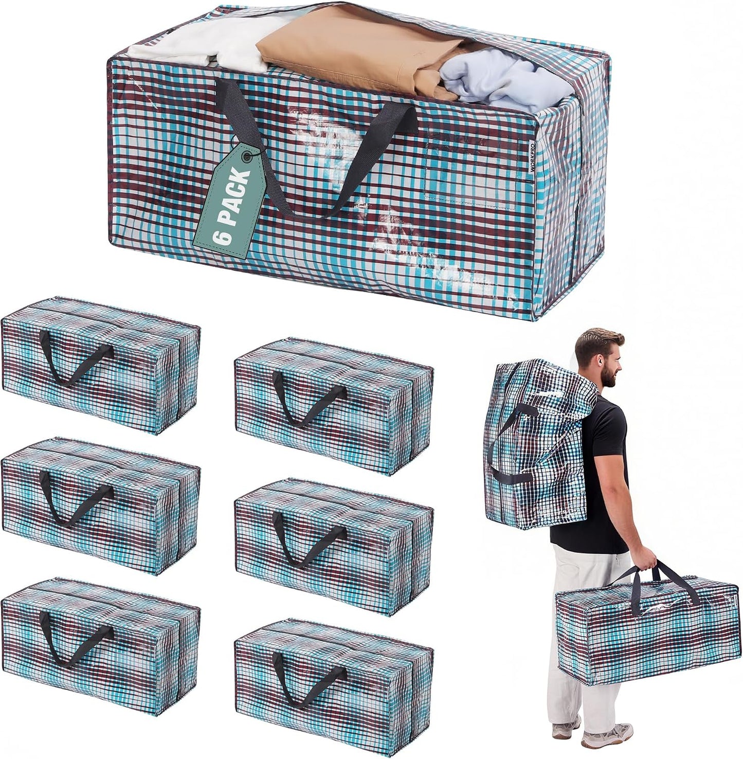 WORKPRO 6 Pack Extra Large Moving Bags with Zippers & Carrying Handles Backpack Straps, Heavy-Duty Storage Tote for Space Saving & Storage, Alternative to Moving Box (Lattice Printing)