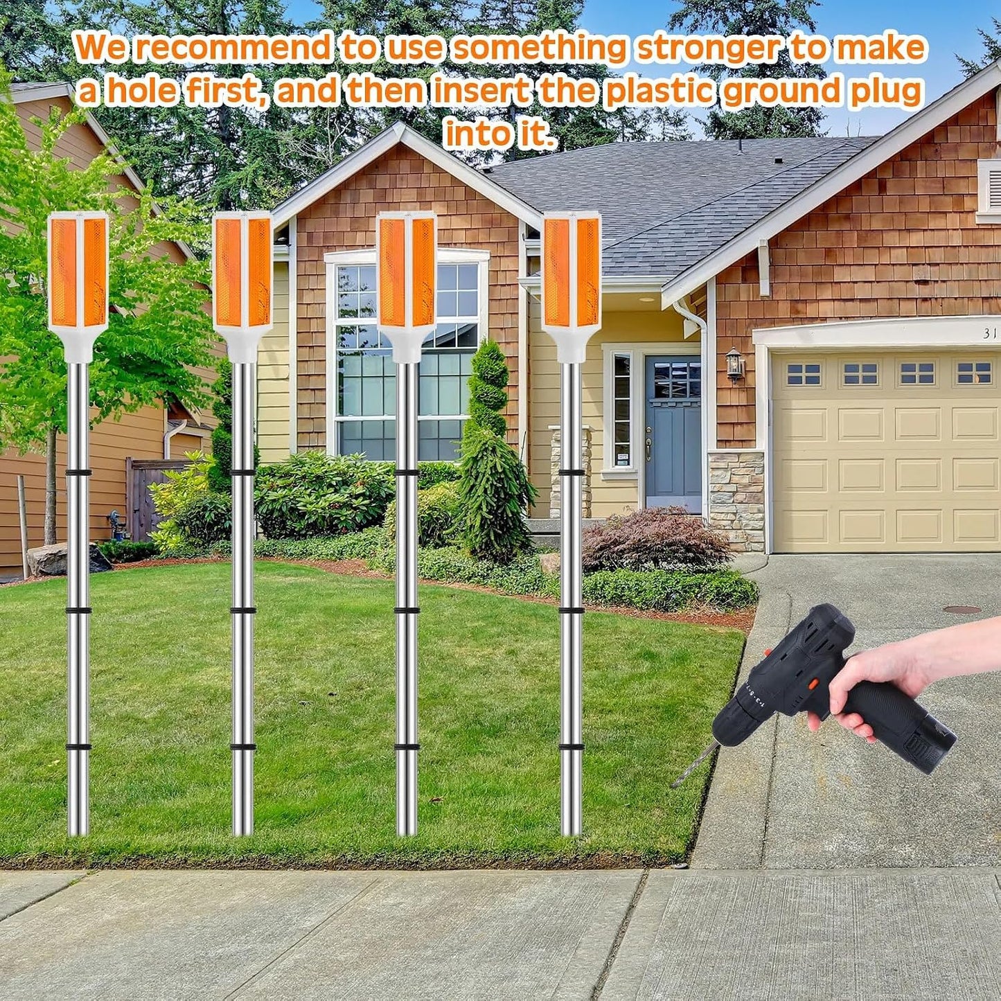 Baquler 10 Pcs Solar Powered Driveway Markers Reflective Driveway Lights Landscape Reflectors with Drill Bit Gloves for Snow Road Outdoor Yard Parking Sidewalk(Orange)