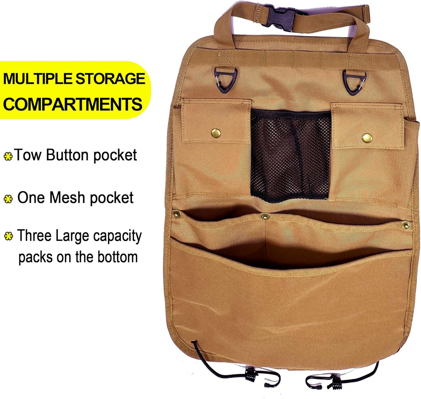 Car Seat Back Organizer with Multiple Pockets and Hooks (brown)