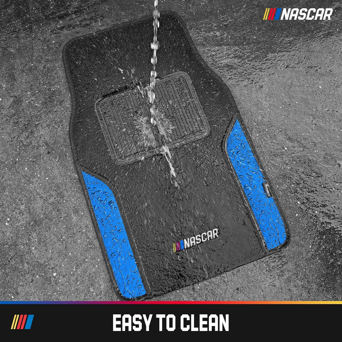 NASCAR Car Floor Mats, Carpet & Blue Leather Design Car Mats, Universal-Fit All-Weather Car Floor Mats with Built-in Heel Pad & Anti-Slip Backing, Durable Odorless Automotive Interior Accessories