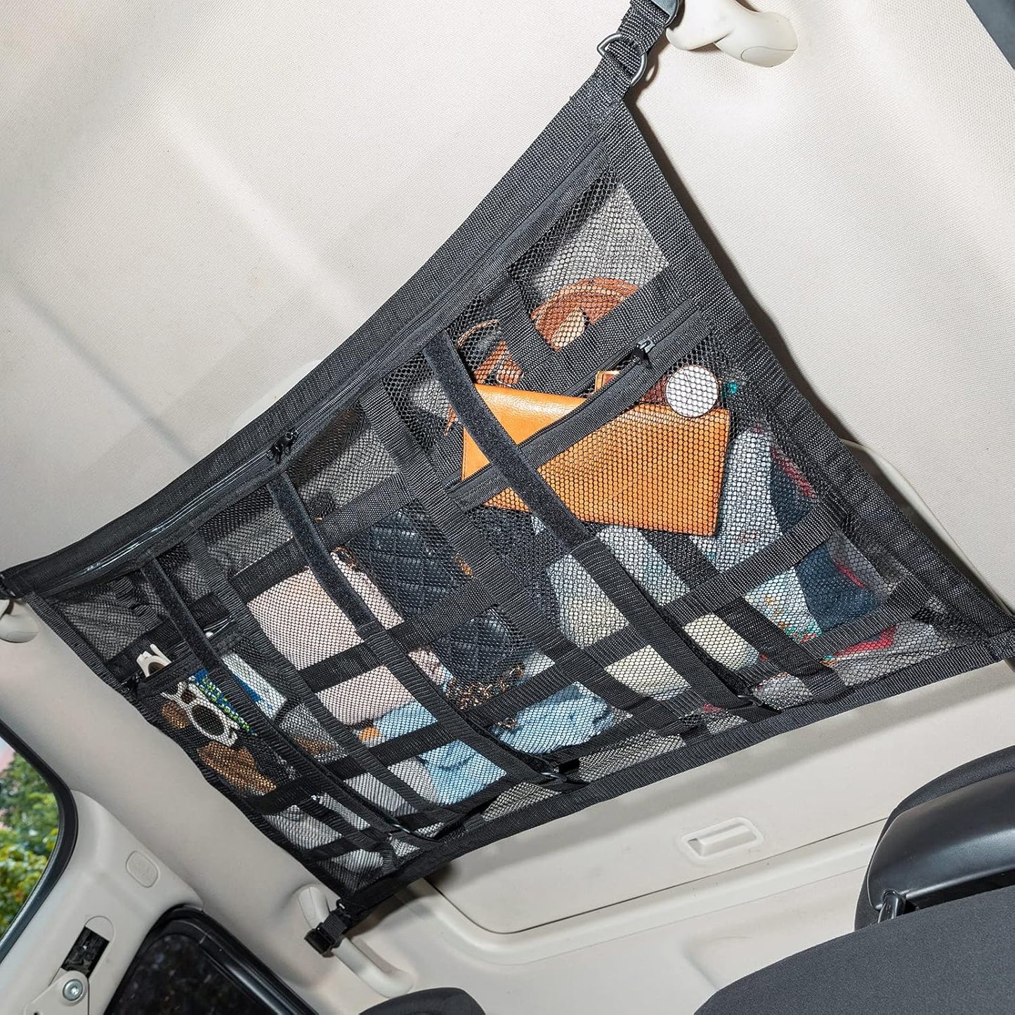 Car Ceiling Cargo Net Pocket Storage Net,29.5"x19.7" Adjustable D-Buckle to Reduce Sagging Roof Storage Organizer,Double-Layer Mesh SUV for SUVs,Road Trips,Car Camping Essentials