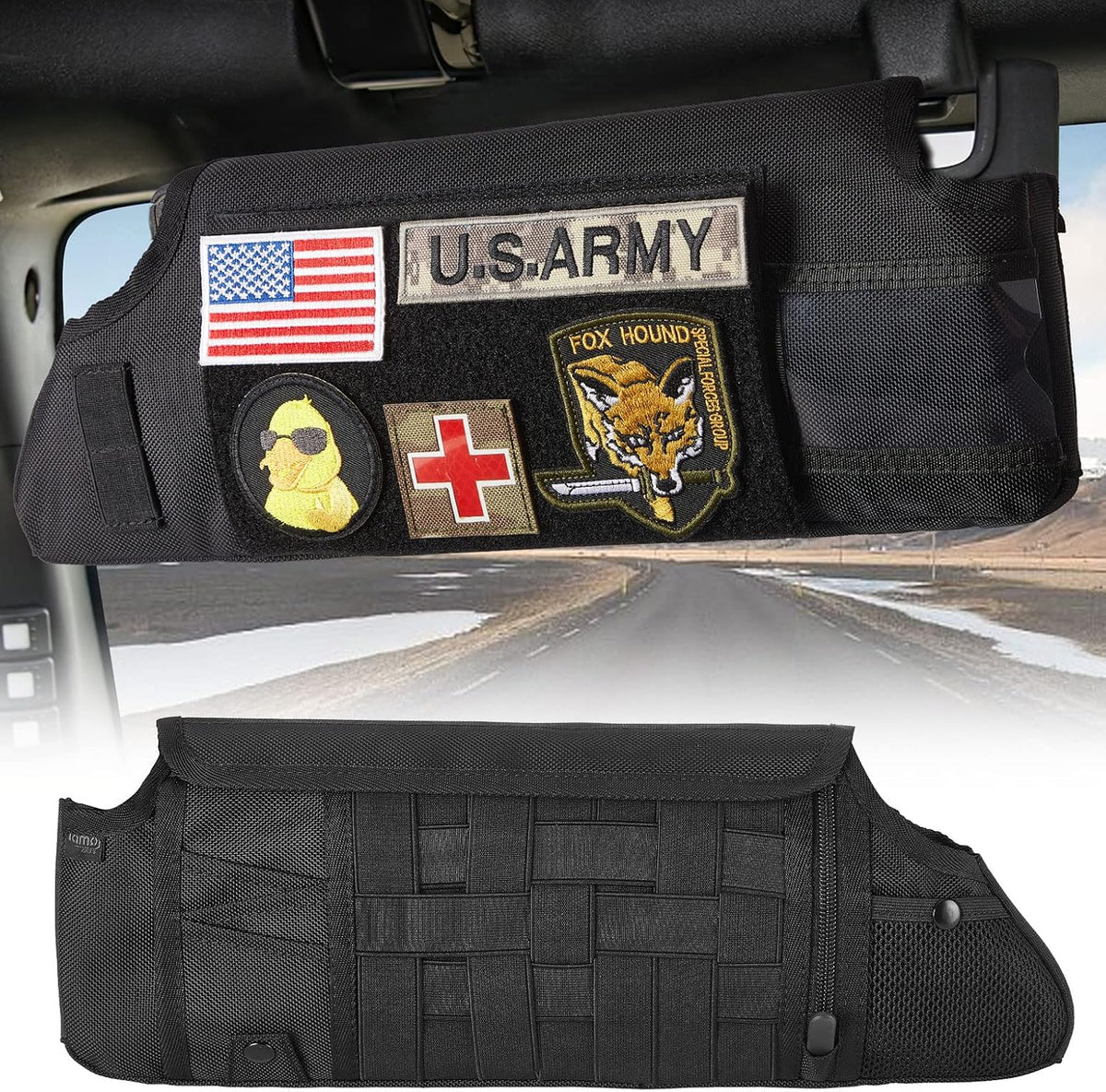 Upgraded Sun Visor Organizer Compatible with Wrangler JK 2007-2009, QMPARTS Driver's Side Front Tactical Visor Storage Cover Molle Webbing Visor Storage Holder Pouch, Multi-Pocket Net Zipper