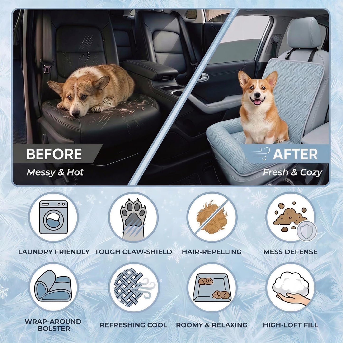 Premium Cooling Dog Car Seat Mat for Small Dogs & Puppies, Breathable Puppy Car Seat for Front & Back Seat Travel, Cool-to-Touch Washable Pet Travel Lounge with Supportive Bolster