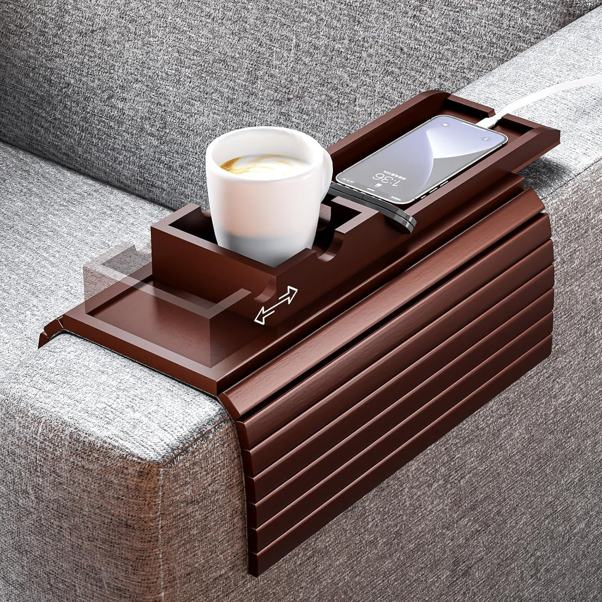 Bestjing Bamboo Couch Armrest Table with Cup Holder Tray (Walnut)