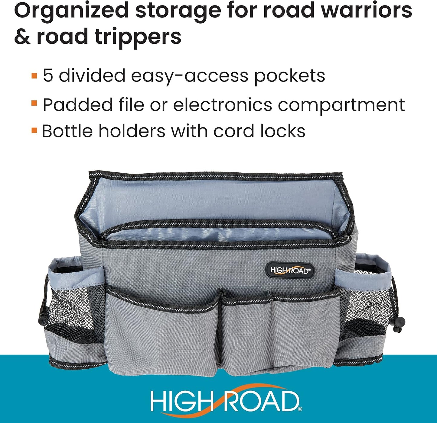 High Road SwingAway Front Seat Car Organizer for Daily Driving Essentials with Side Bottle and Cup Holders