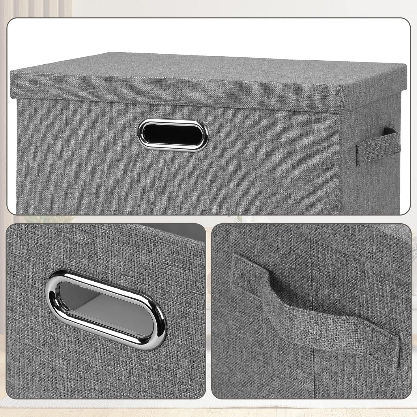 Graciadeco Large 17" 36 Quart Collapsible Stackable Storage Bins with Lids, 3 Packs Grey Linen Fabric Closet Boxes with Lids, Storage Cube Baskets Container Organizers for Bedroom Office(17 x12 x11)