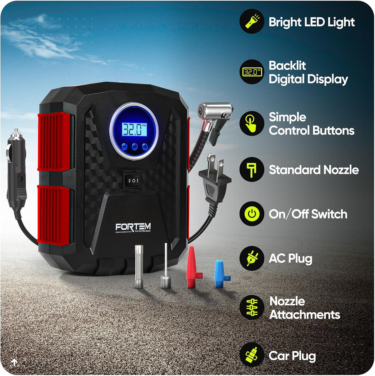 FORTEM Tire Inflator Portable Air Compressor, Air Pump for Car Tires and Bikes, Car Tire Pump w/Auto Shut Off, 150 PSI, 110V AC 12V DC, LED Light, Carrying Case, Perfect for Men, Women