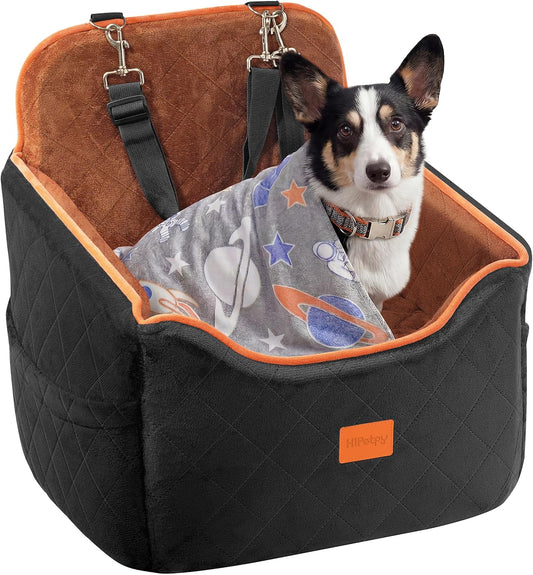 HiPetpy Dog Car Seat 6" Elevated Memory Foam Booster Seat for Small Medium Dogs Under 35 lbs with Pet Blanket, Washable Pet Car Seat with Safety Leash, Anti-Slip Base and Storage Pockets