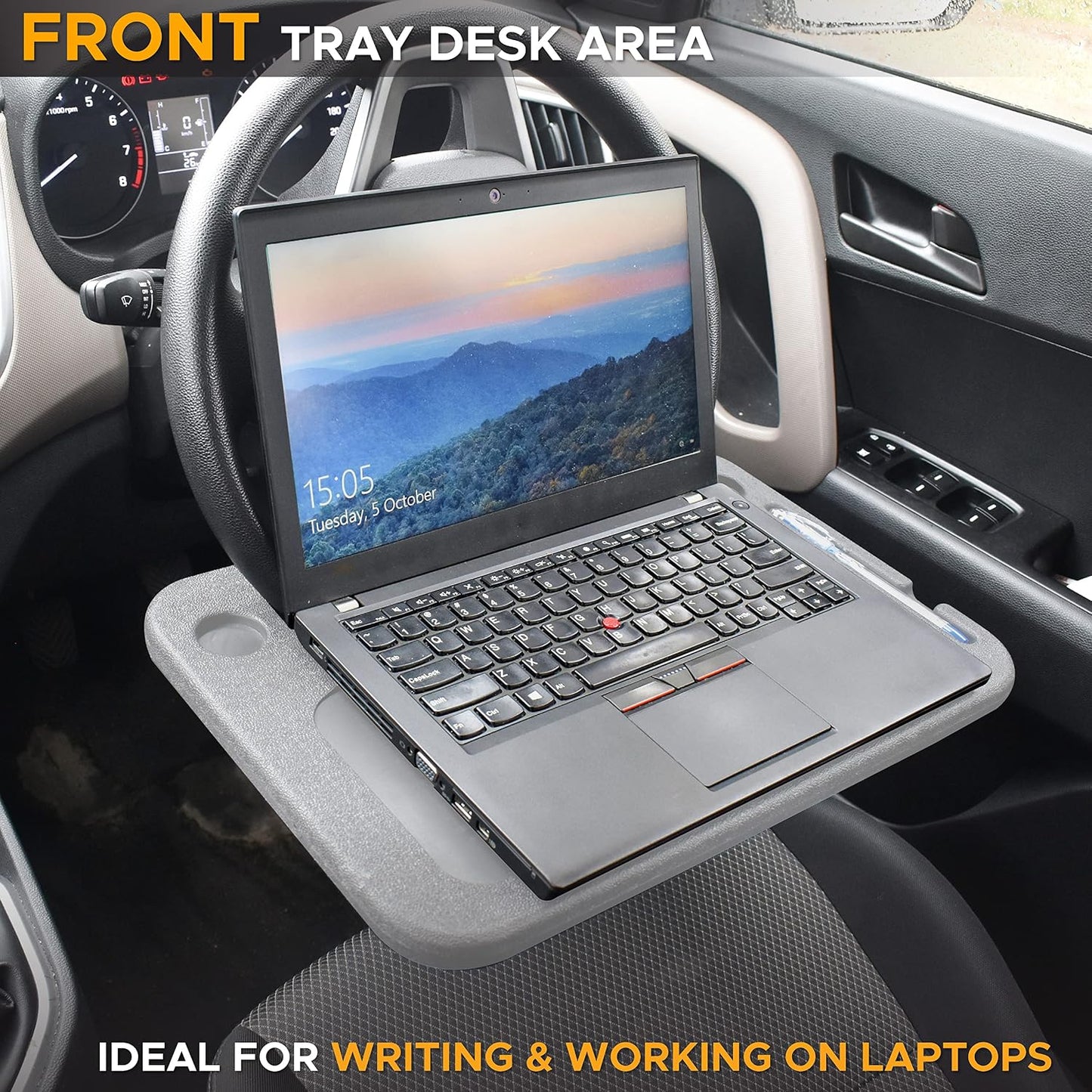 EcoNour 2 in 1 Car Steering Wheel Desk | Steering Wheel Tray for Laptop Car Mount with Pen Holder | Car Food Grey Tray for Eating with Drinks Holder | Multipurpose Travel Car Accessories
