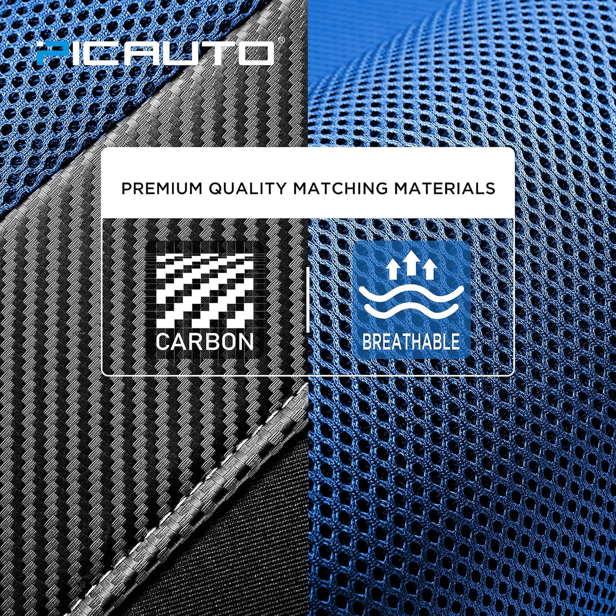 PIC AUTO Car Seat Covers - High Back Front Seat Covers, Sports Carbon Fiber Mesh Design, Universal Fit, Airbag Compatible (Blue)
