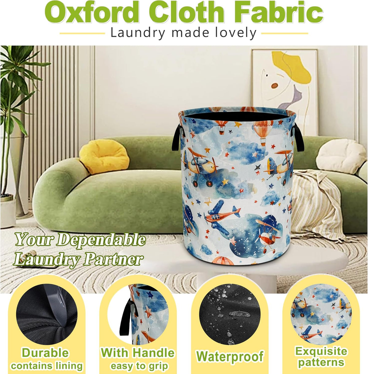 Airplane Clouds Laundry Basket Foldable Waterproof Hamper 18.9 x 16.5 Inch