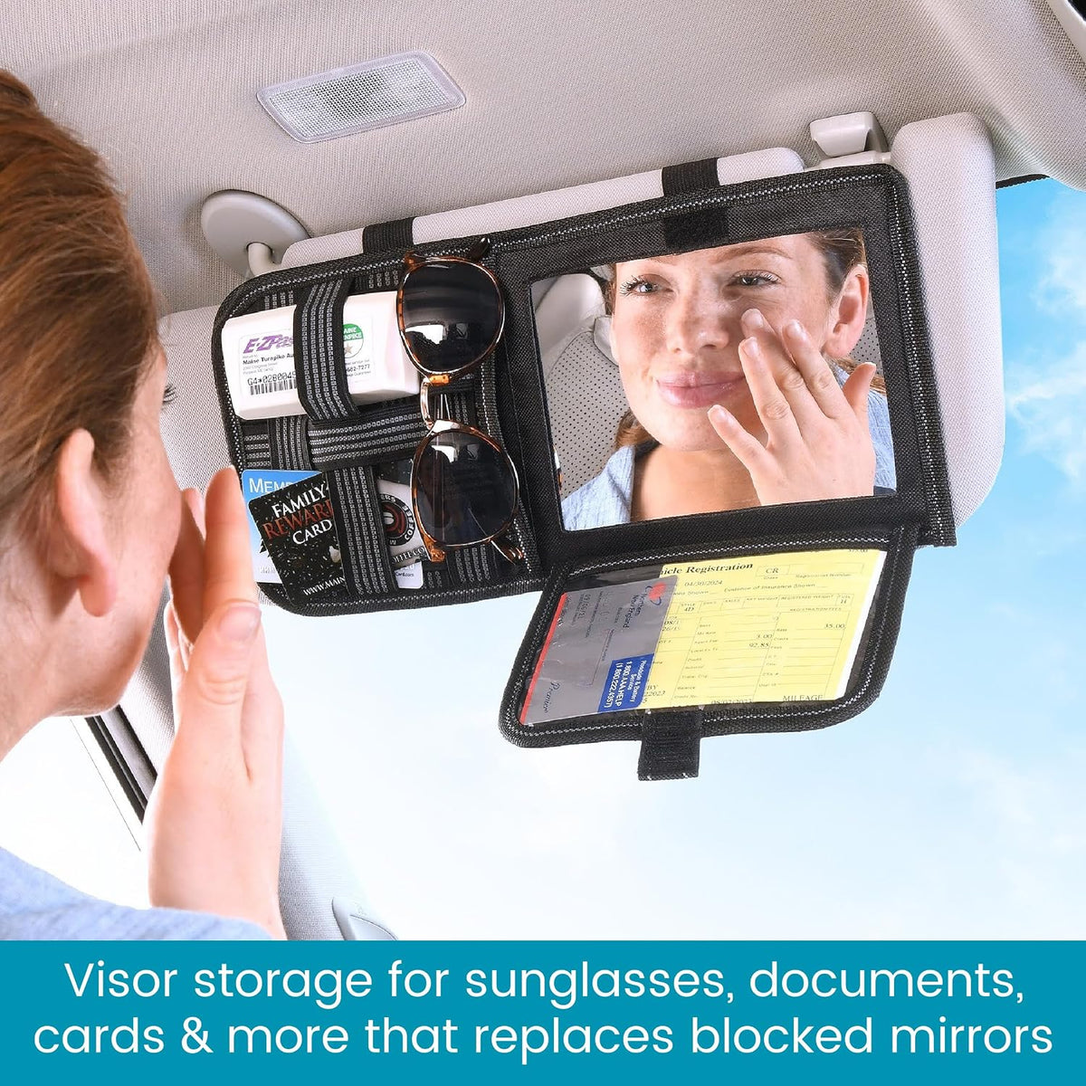 Visor Organizer with Mirror and Hidden Registration and Insurance Pocket