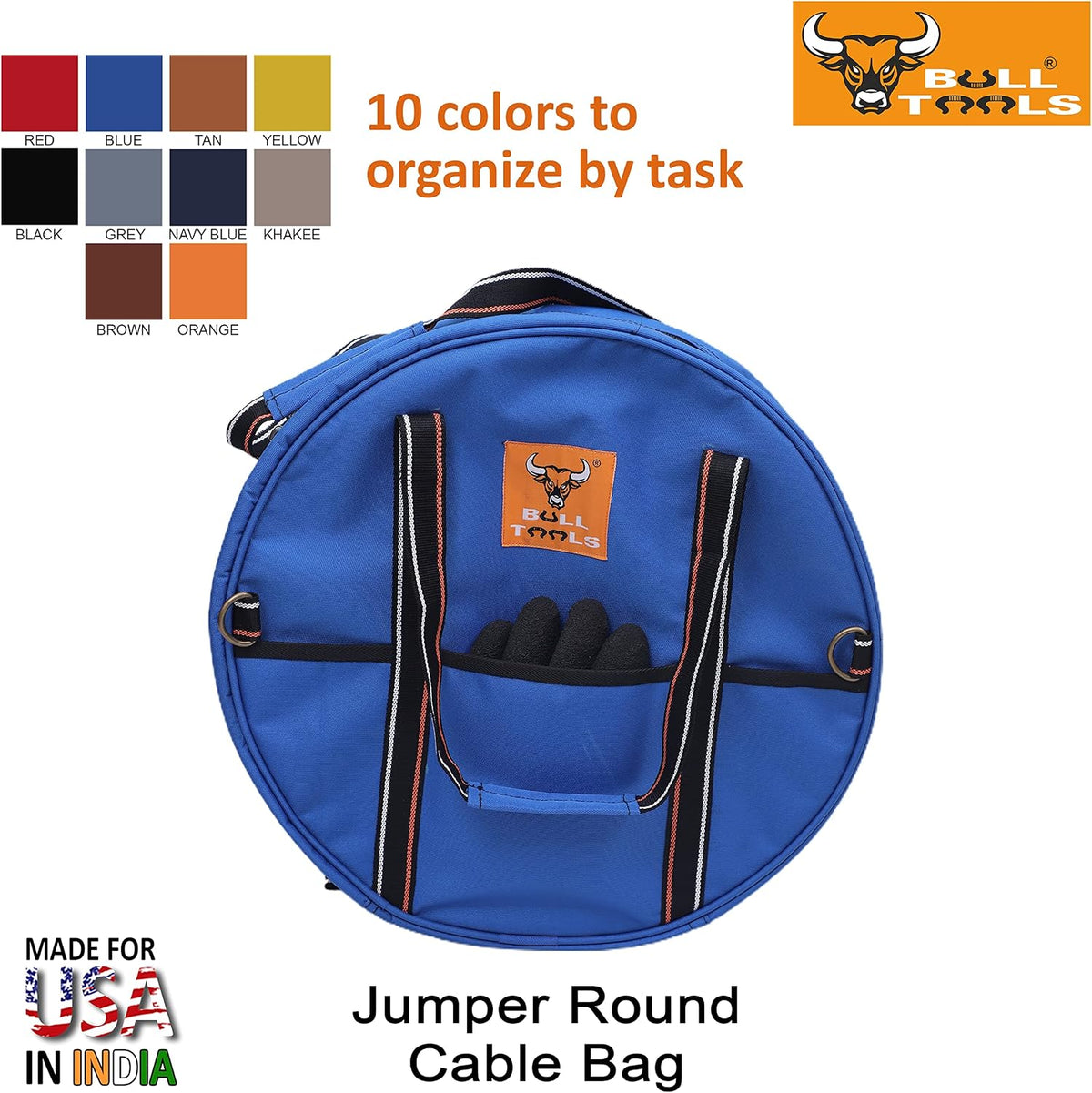 BULL TOOLS EV Charging & Jumper Cable Storage Bag, Organizer 6 Pocket Handmade Carry Bag - 15x15x4 Inch Waterproof Ballistic Polyester Round Bag's, Cords, Small Tools, For Motor Vehicles - Blue