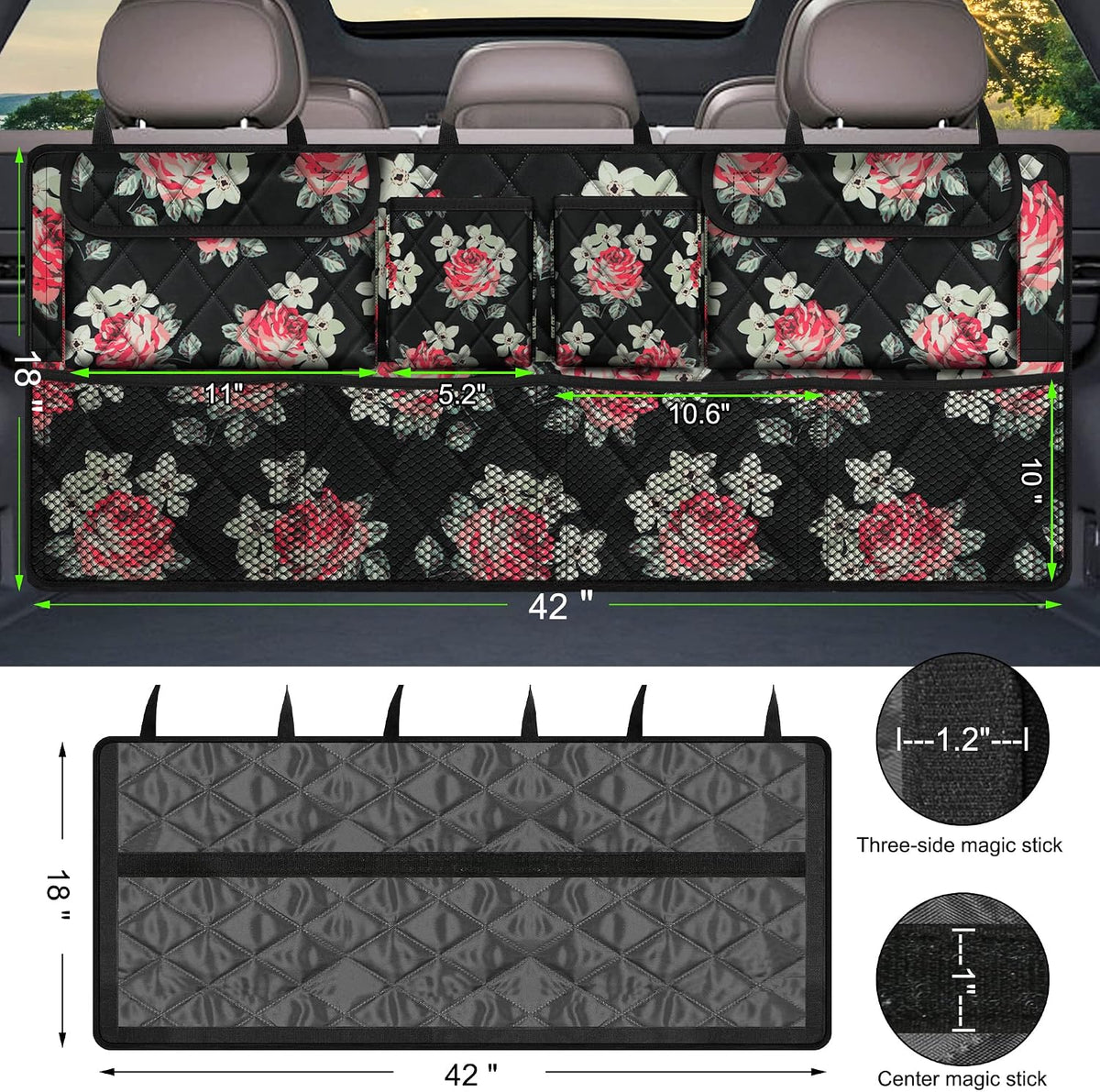 Femuar Car Trunk Organizer,Large Capacity Backseat Trunk Organizer(42"*18"),Collapsible Car Storage Bag with 8 Pocekt,Car Organizer for SUV/MPV/Truck - Floral
