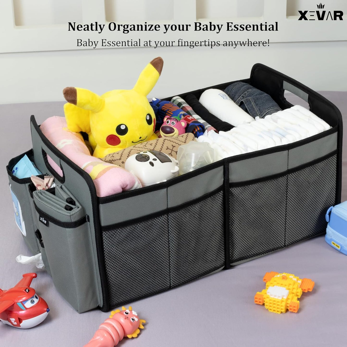 Baby Diaper Caddy Organizer with Changing Mat - Portable Car Caddy for Newborn Essentials, Diapers &amp; Wipes, Perfect for Baby Shower and New Mom | Oxford Fabric, Grey