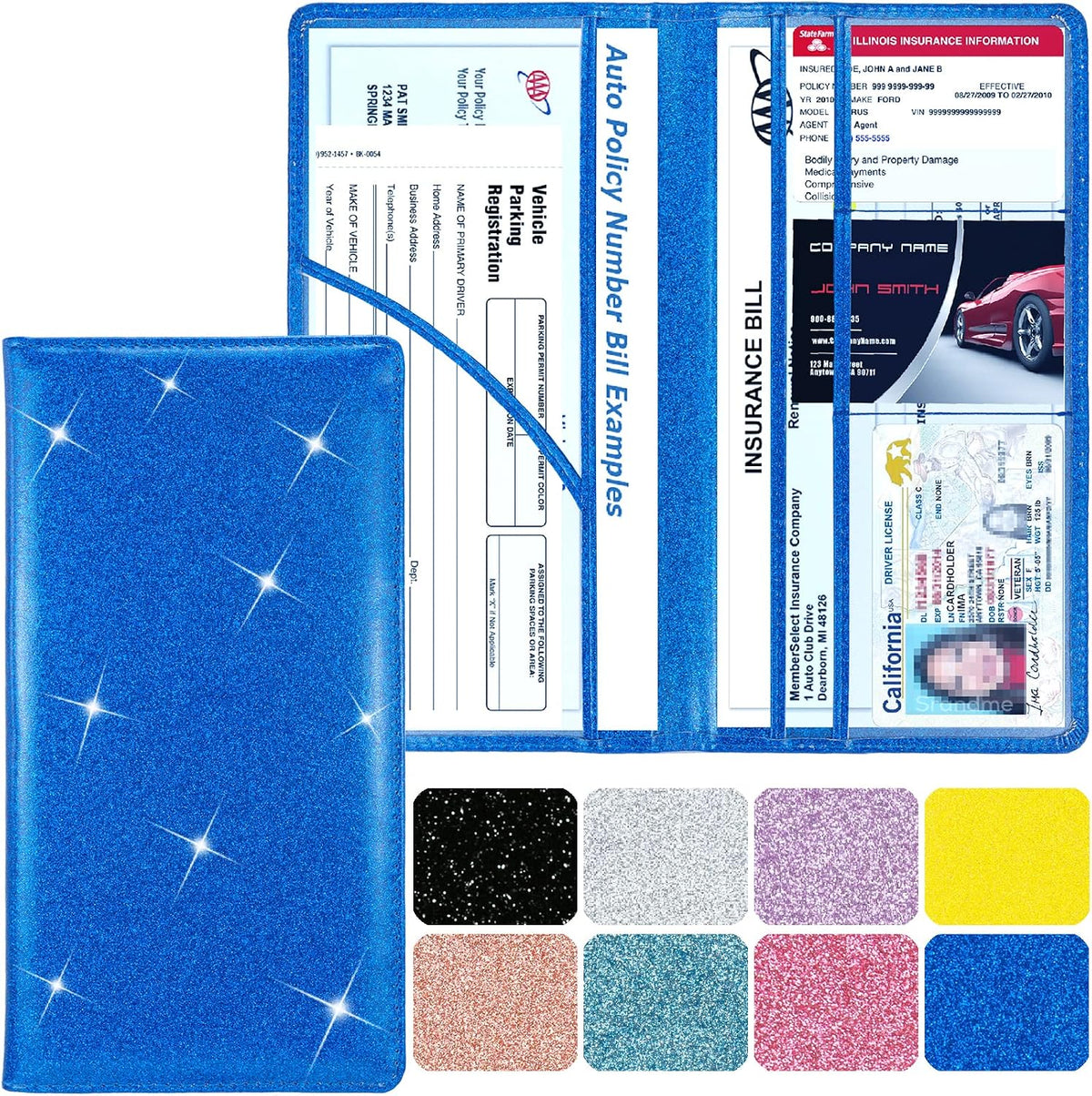 Leather Car Registration and Insurance Holder Magnetic Shut, Glitter Blue