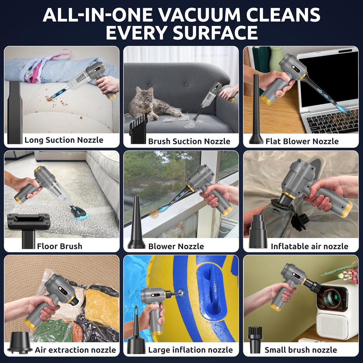 Handheld Vacuum Cordless Vacuum Cleaner with 9 Extensions, 18000Pa Brushless Suction & Air Blower (2-in-1), 7800mAH Battery, Steel+HEPA Filter, Car Vacuum, Dust Buster for Interior, Home & Pet Hair